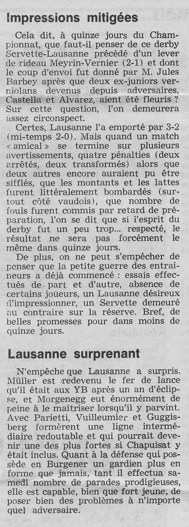 suite article Servette - Lausanne